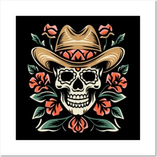 Cowboy Skull Floral tattoo Posters and Art